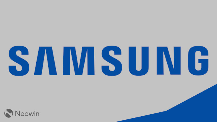 The Samsung logo on a silver and blue background