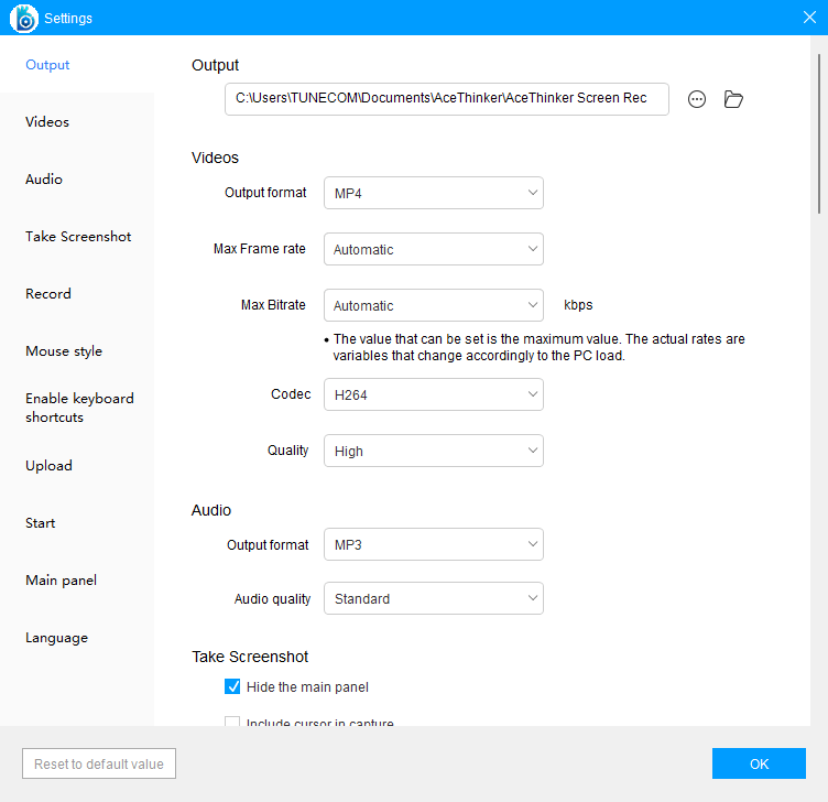 Параметры AceThinker Screen Grabber Pro