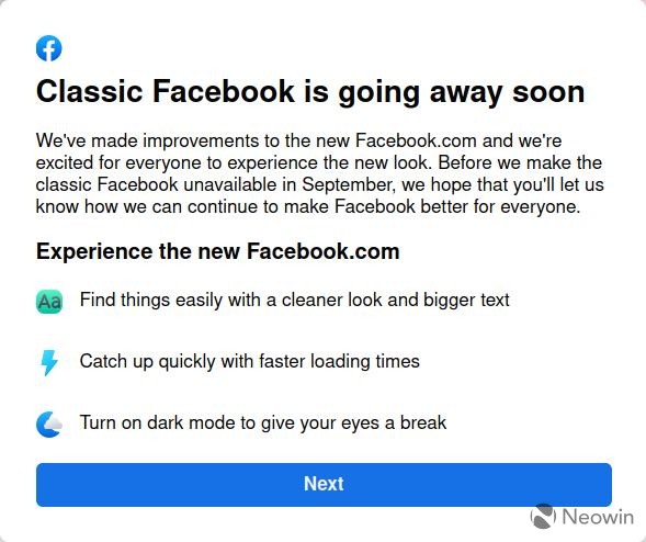 The dialog box explaining that the old Facebook is going away