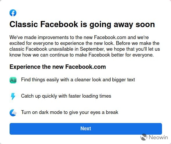 The dialog box explaining that the old Facebook is going away The dialog box explaining that the old Facebook is going away