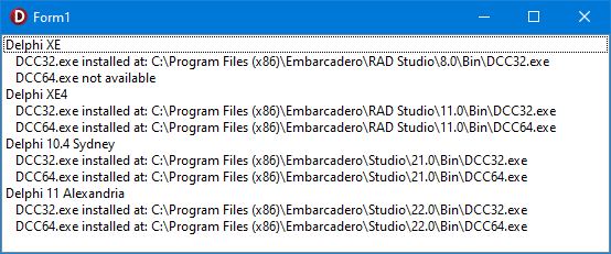 Program window listing which of DCC32.exe and DCC64.exe are available for each installed version of Delphi